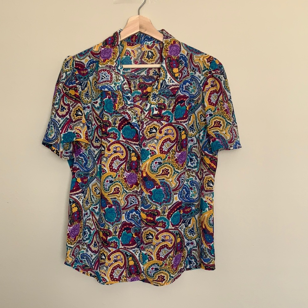 Vintage artistic paisley and rose collared blouse